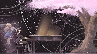 man playing piano with ocean waves background anime