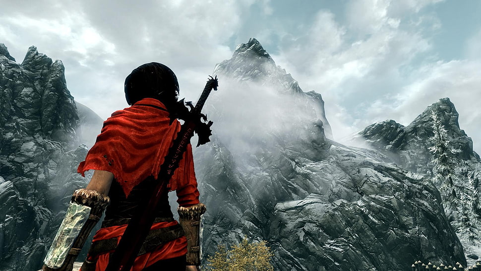 game character in red suit with sword facing a stiff mountain digital wallpaper, The Elder Scrolls V: Skyrim, The Elder Scrolls, video games HD wallpaper