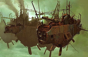 brown metal fantasy airship illustration, airships, fantasy art