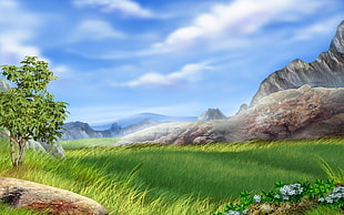 photo of green grass field with mountain as background