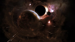 several planets graphic wallpaper, space, planet, black holes, disintegration