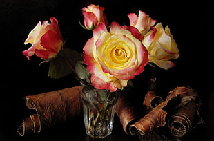 close up photo of yellow-and-red Roses arrangement