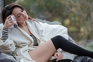 women's white bathrobe, women, model, long hair, Angelina Petrova