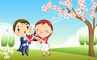 man and woman cartoon illustration with bouquet