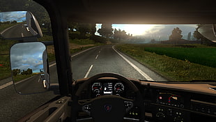 black car steering wheel, Euro Truck Simulator 2, Truck, Scania