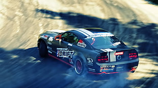 black sports car, Ford Mustang GT, drift HD wallpaper