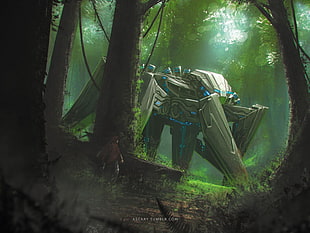 gray ship beside trees, mech, robotic, fantasy armor, fantasy art HD wallpaper