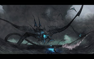 black and blue monster game application screenshot, creature, sea, fantasy art, ship HD wallpaper