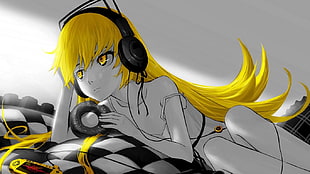 yellow haired female anime character wearing headset wallpaper, anime, Monogatari Series, Oshino Shinobu, blonde HD wallpaper