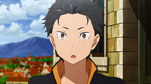 black haired male anime character, anime, Re:Zero Kara Hajimeru Isekai Seikatsu, Natsuki Subaru, face