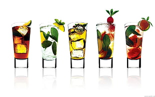 five clear drinking glasses, cocktails, fruit, drinking glass