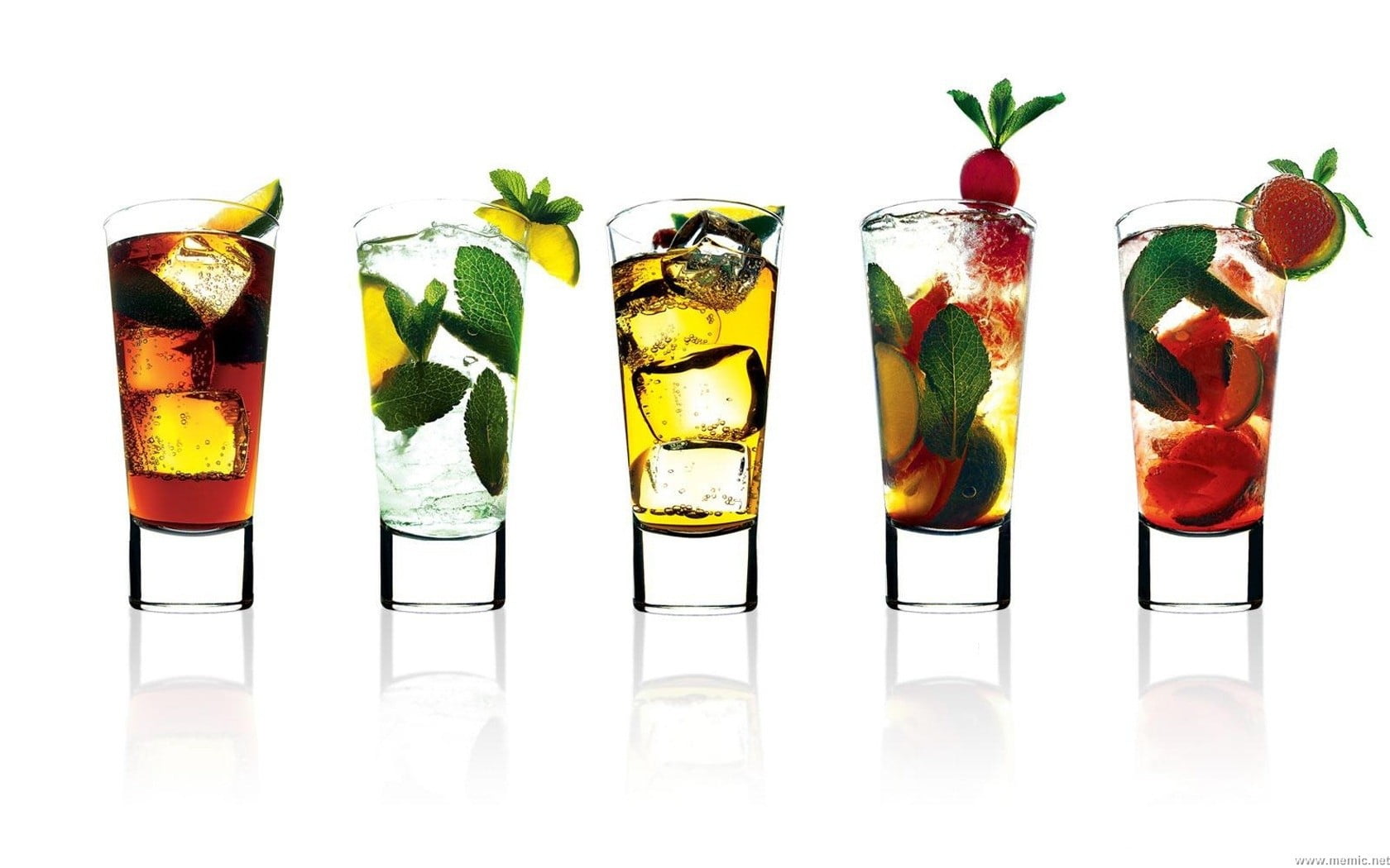 five clear drinking glasses, cocktails, fruit, drinking glass