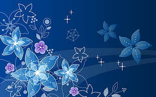 blue, purple, and white flowers digital wallpaper