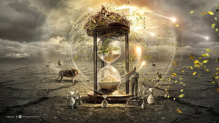 hourglass surrounded with animals and human digital wallpaper