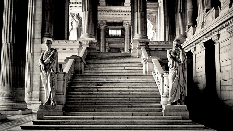 grey staircase, building, architecture, statue, Brussels HD wallpaper