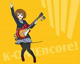 brown-haired girl anime character holding red guitar