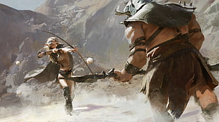 archer woman shooting at man with battle axe wallpaper, bow, warrior, fighting, archer