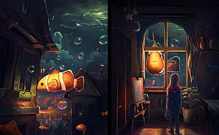 orange and white clown fish artwork collage photo, fantasy art, artwork, clownfish, fish HD wallpaper
