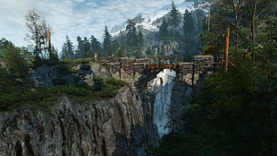 bridge with waterfalls game digital wallpaper, The Witcher, The Witcher 3: Wild Hunt