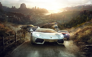 silver Lamborghini car, video games, Lamborghini Aventador, Chevrolet Camaro, Ford USA HD wallpaper