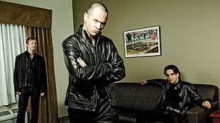 men's wearing black leather zip-up jackets HD wallpaper