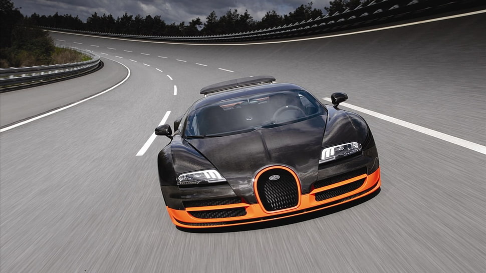 black racing car illustration, car, Bugatti Veyron, orange, black cars HD wallpaper