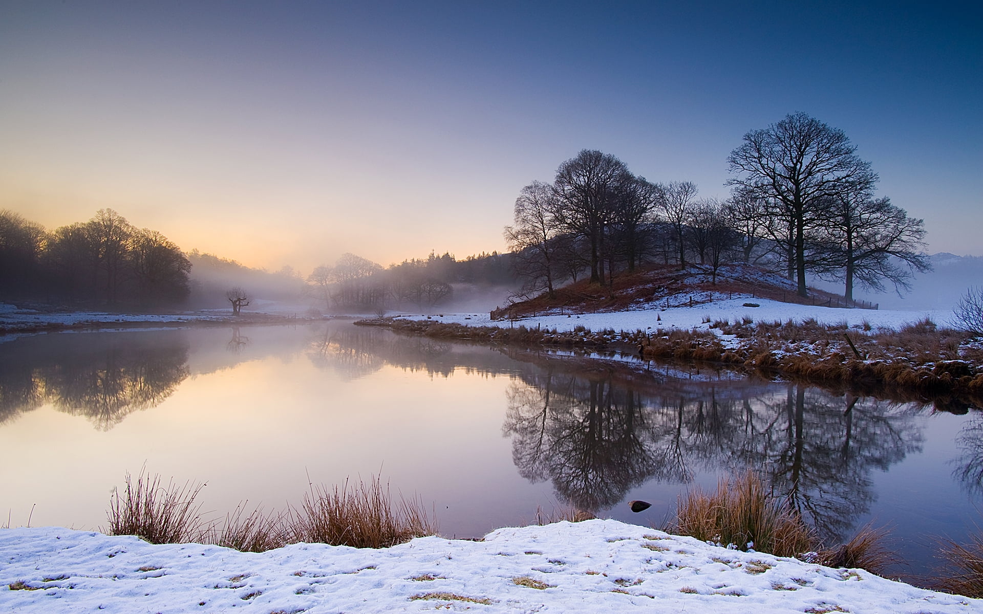 lake beside green trees covered with snow