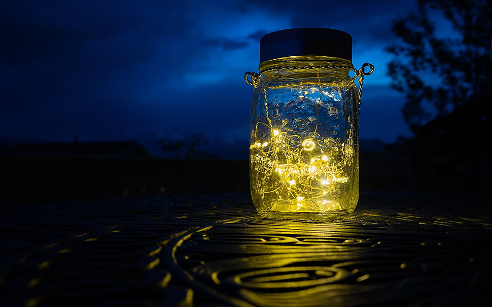 clear glass jar with lid, lamp, lights HD wallpaper