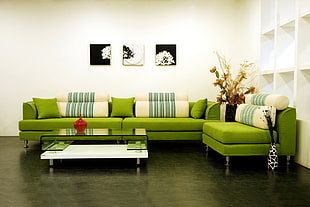 green padded fabric sectional sofa HD wallpaper