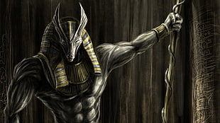 monster holding rod illustration, Egypt, Gods of Egypt, Anubis HD wallpaper
