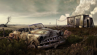 classic coupe and shed digital wallpaper, Fallout, wasteland, video games, artwork