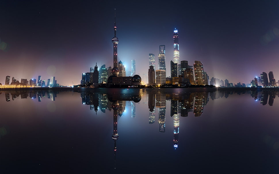 city skyline photography at nighttime HD wallpaper