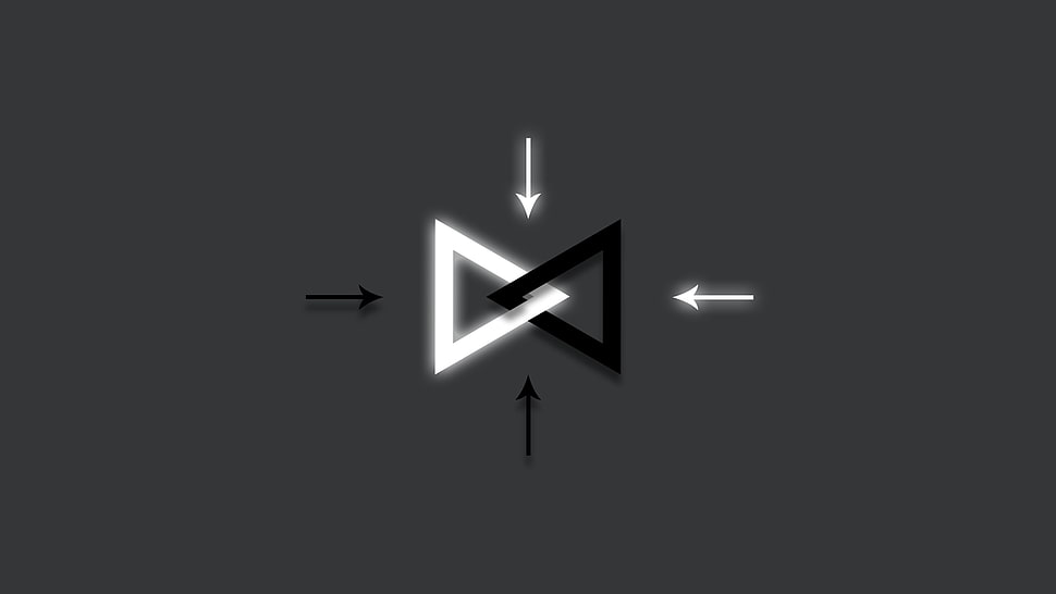 black and white wall clock, triangle, geometry, arrows, gray background HD wallpaper