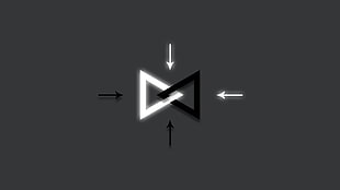 black and white wall clock, triangle, geometry, arrows, gray background