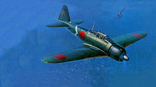 green fighter jet, Japan, World War II, Zero, Mitsubishi