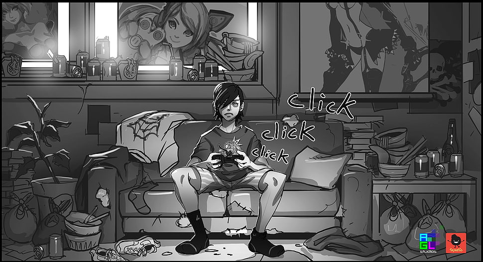 boy sitting on sofa illustration, artwork, monochrome HD wallpaper