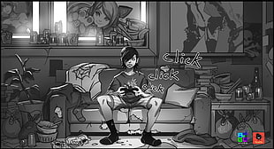 boy sitting on sofa illustration, artwork, monochrome
