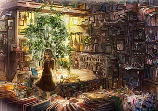 girl inside the room full of books illustration HD wallpaper