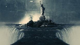 Statue of Liberty, Statue of Liberty, digital art, waterfall, statue HD wallpaper