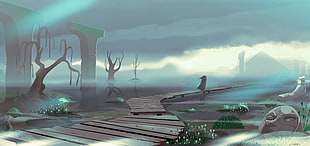 brown boat dock near trees on body of water painting, artwork, fantasy art, Steven Universe HD wallpaper