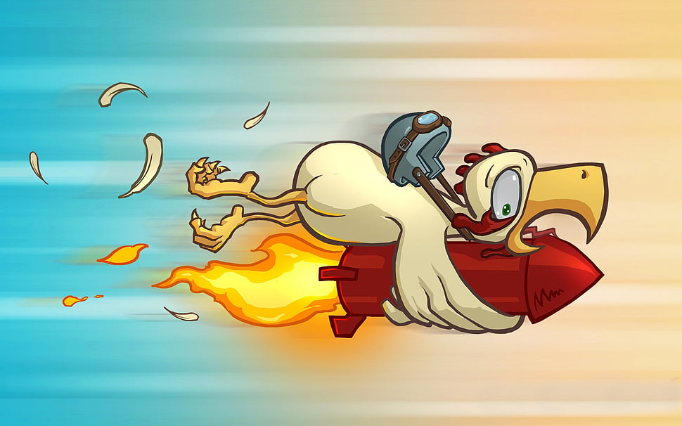 white chicken riding rocket illustration HD wallpaper