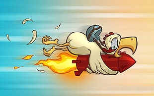 white chicken riding rocket illustration