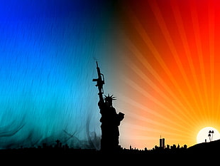 silhouette of statue holding rifle illustration HD wallpaper