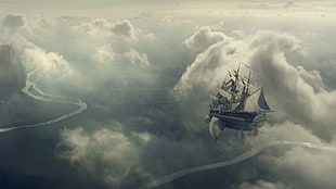flying galleon ship illustration, sailing ship, artwork, concept art, fantasy art