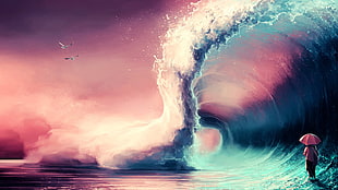 person holding umbrella near ocean waves painting HD wallpaper