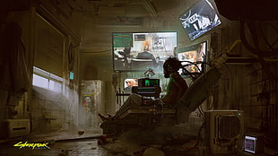 man lying on chair wallpaper, cyberpunk, Cyberpunk 2077, cyborg, video games