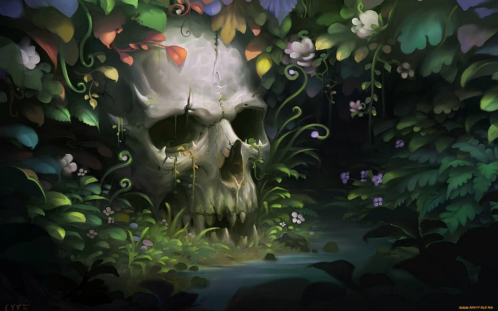 gray skull wallpaper, fantasy art, plants, artwork, skull HD wallpaper