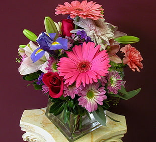Gerbera, Rose,Iris and Lily flower arrangement