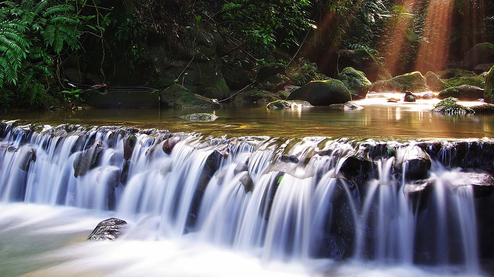 time lapse photography waterfalls, waterfall, sun rays, nature, water HD wallpaper