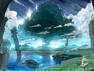woman sitting on grass near body of water painting, anime, anime girls, sky, trees